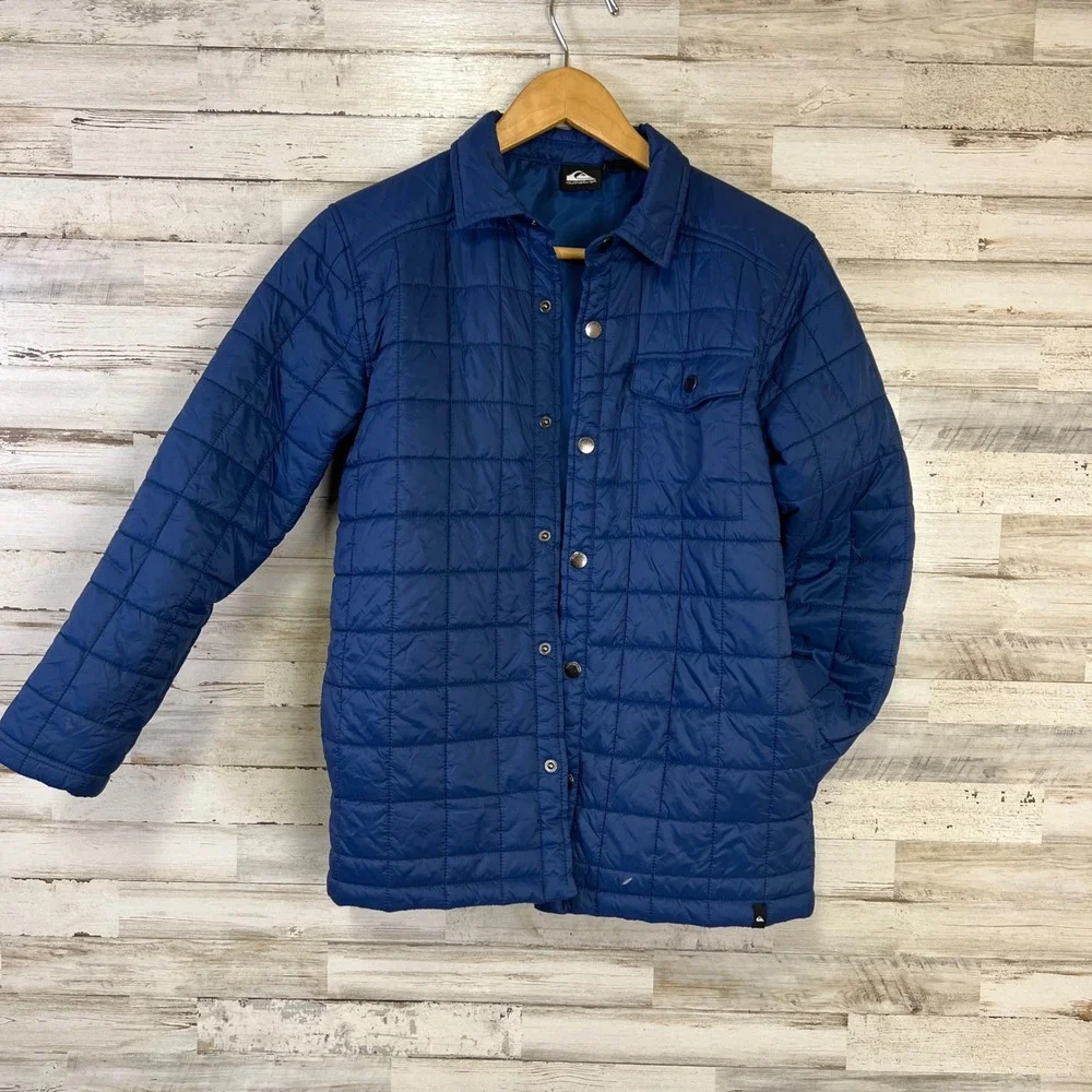 Quiksilver Boys Blue Quilted Puffer Jacket Snap Front Shirt Jacket L 14/16